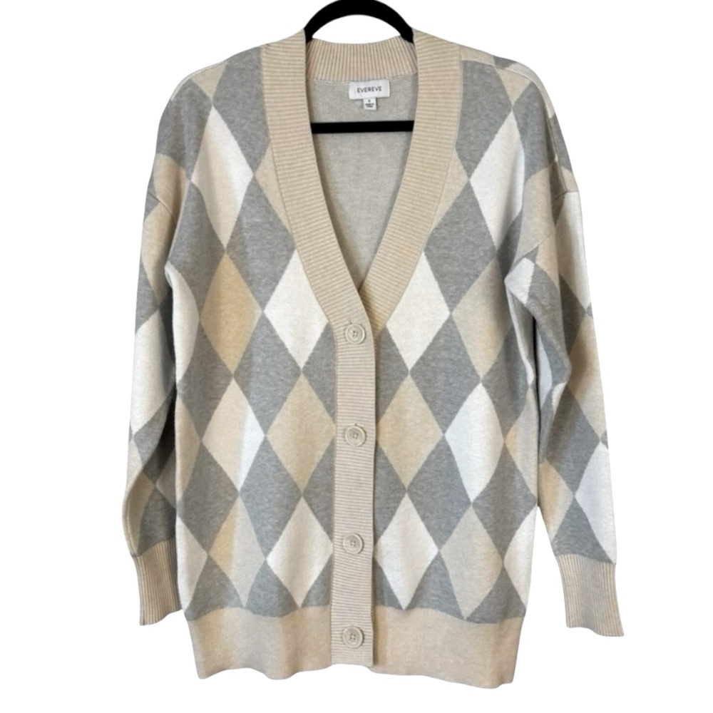 Evereve Pippa Women’s Argyle Gray Cream Button Front Cardigan Sweater S neutral